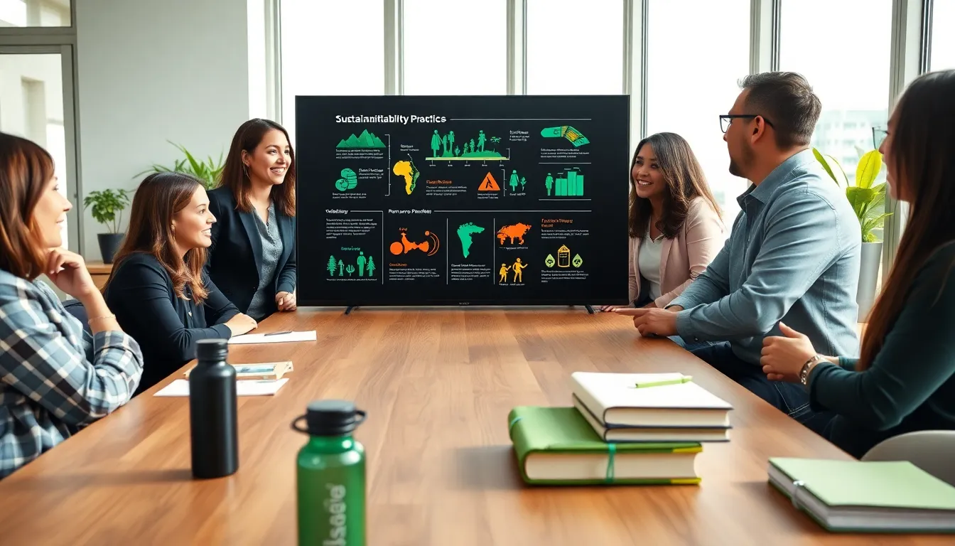 diverse team discussing sustainability practices in a modern office.