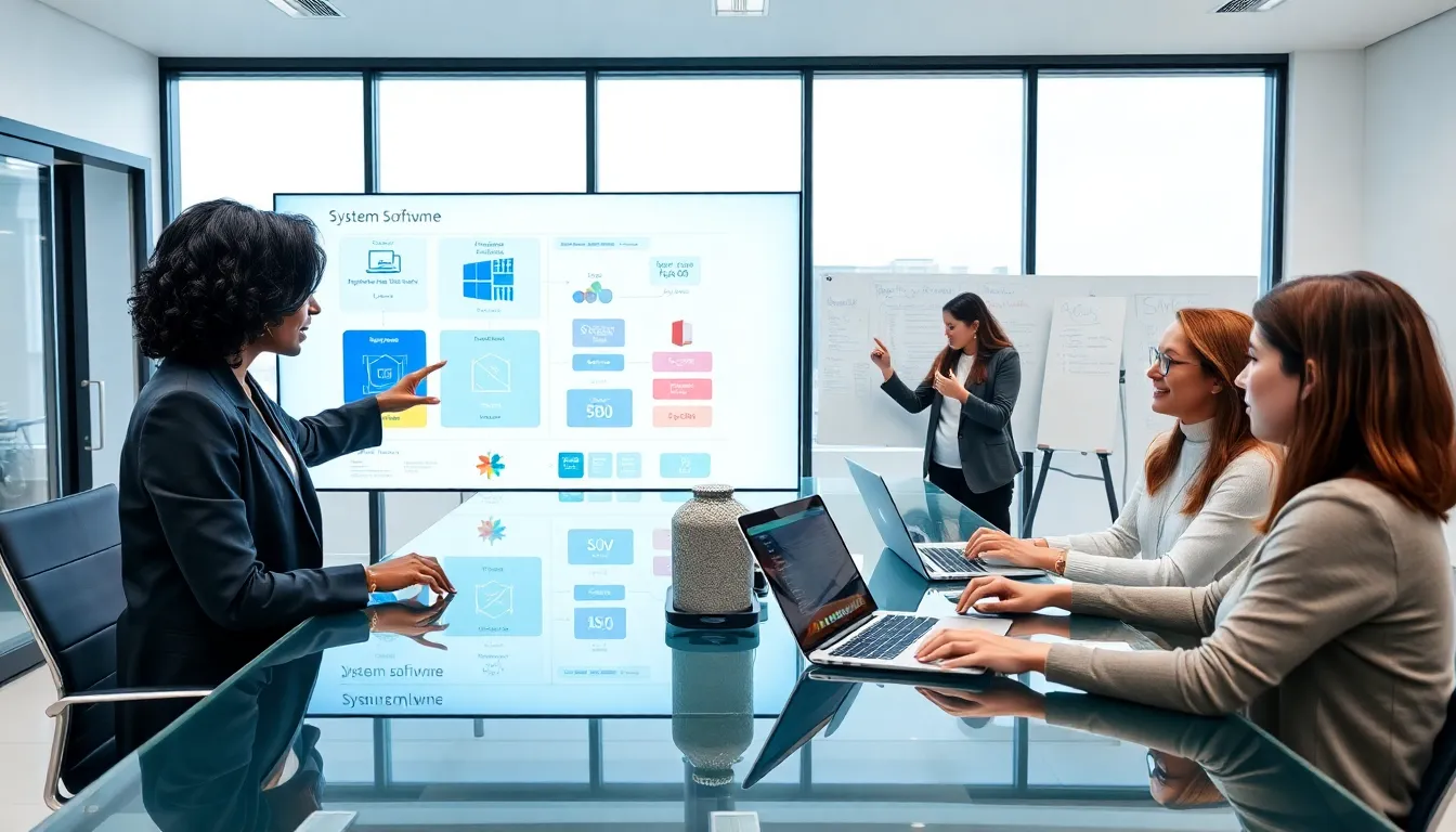 diverse professionals discussing types of software in a modern office