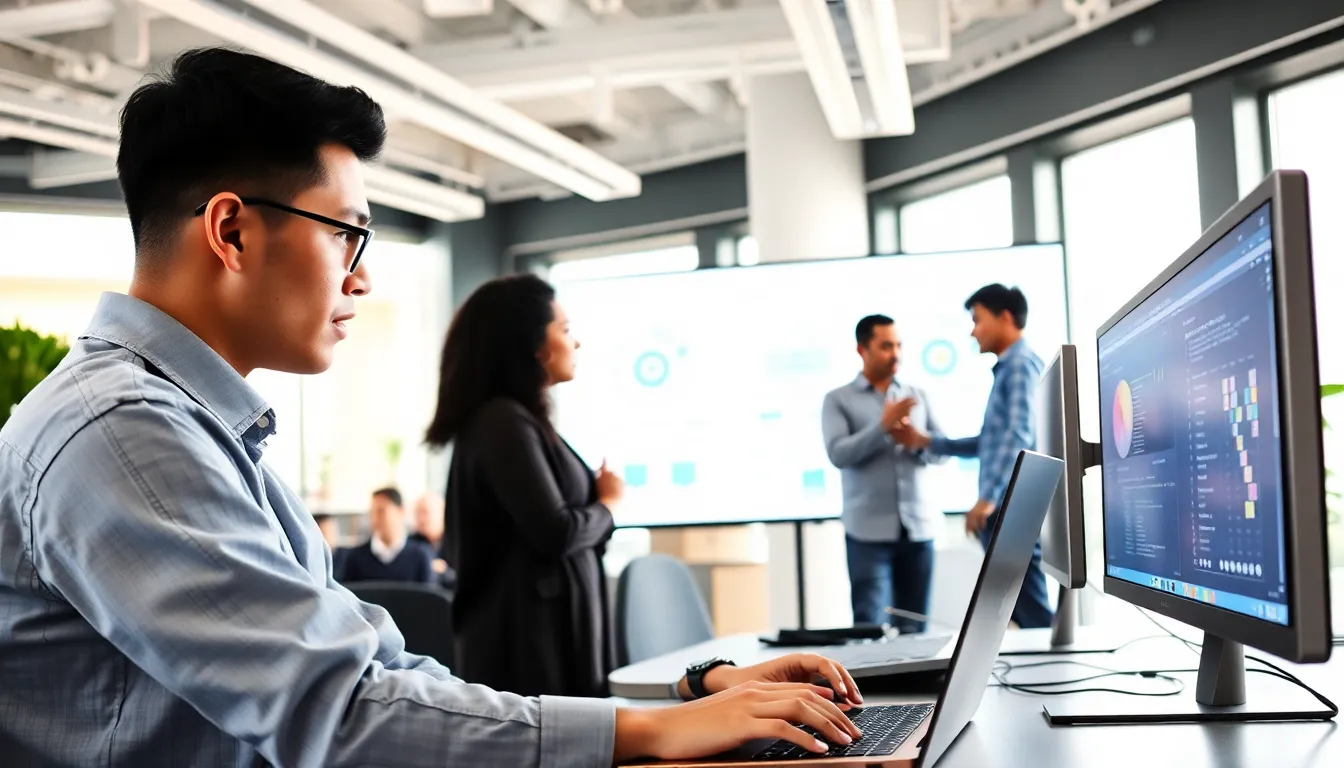 software engineers collaborating in a modern office setting.