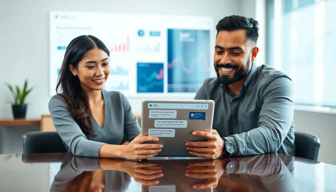 diverse individuals consulting a Relationship Advice AI platform at a modern workspace.