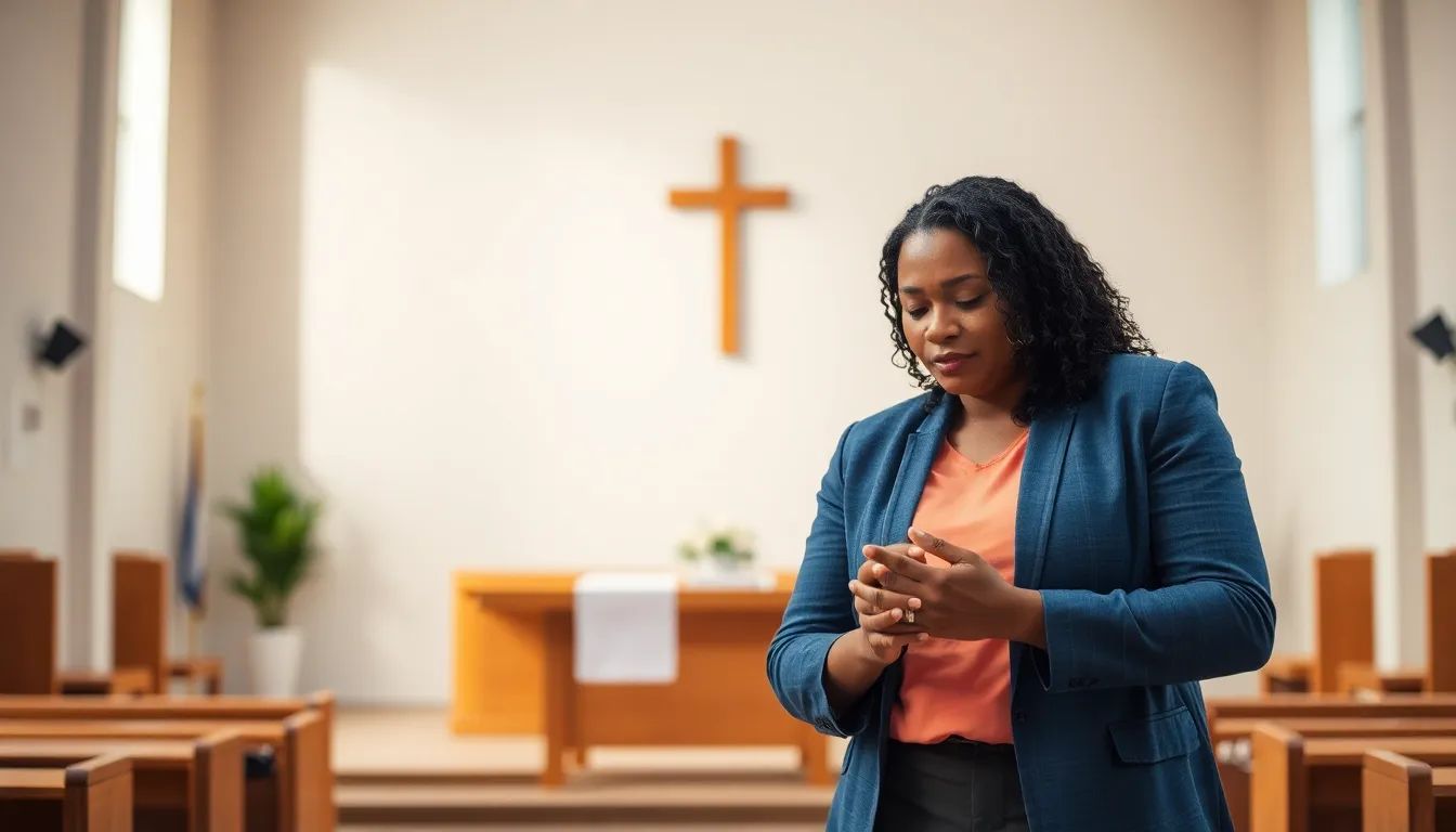 diverse couple praying together in a church setting.