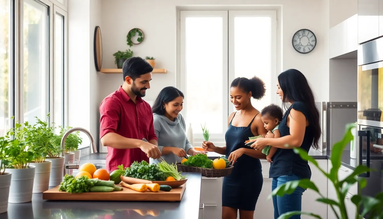 diverse family cooking in a sunlit, eco-friendly kitchen.