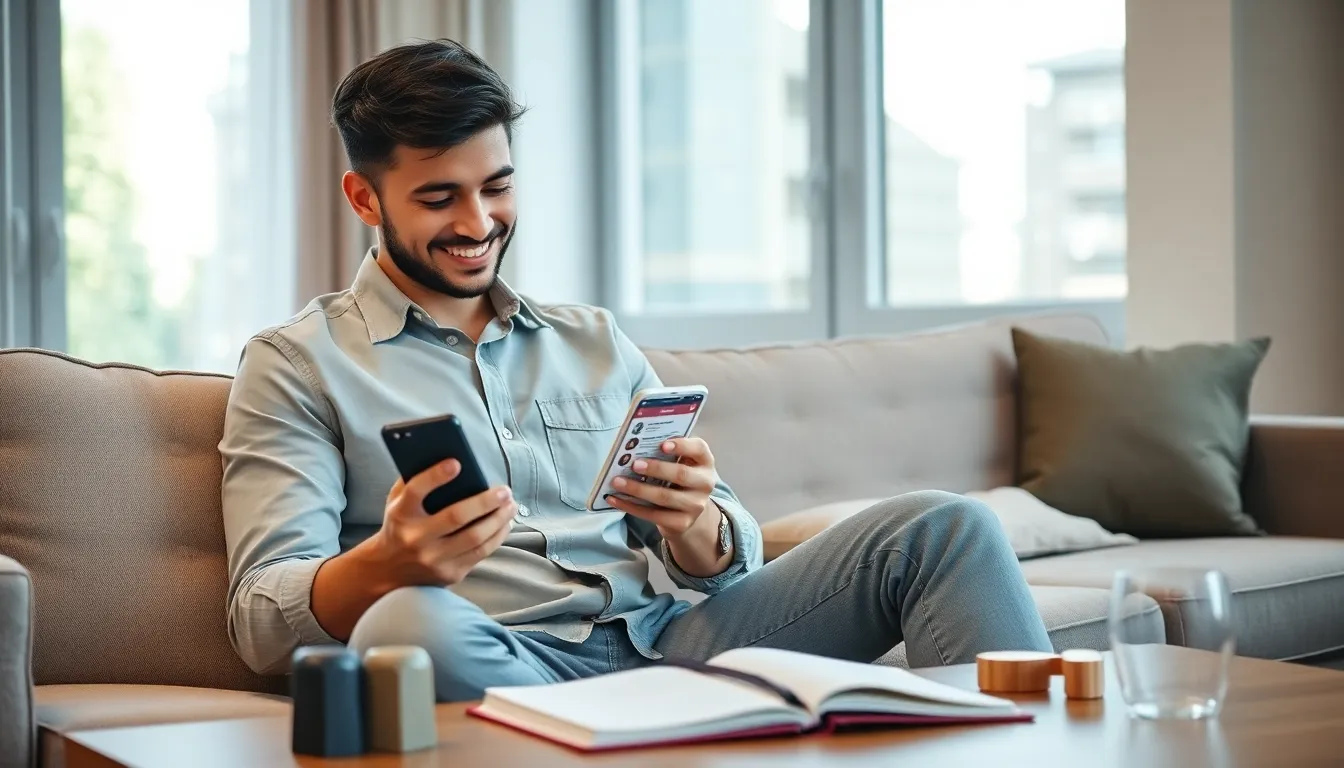 man engaging with relationship advice on Instagram in a modern living room.