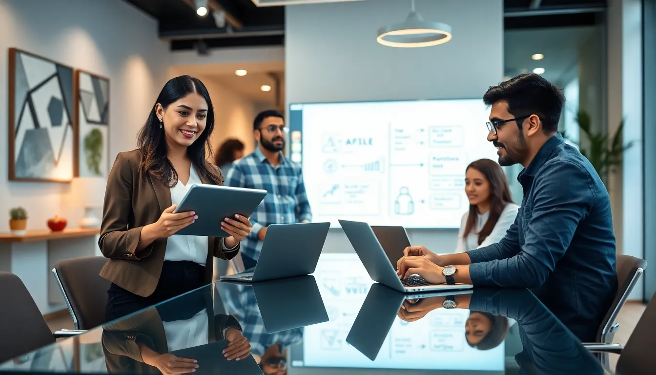 diverse team discussing software development methodologies in a modern office.