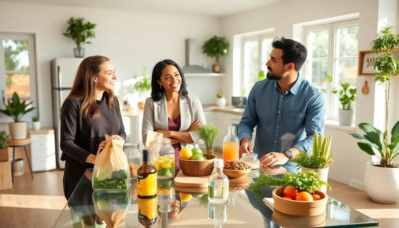 diverse group discussing sustainable living in a modern home.