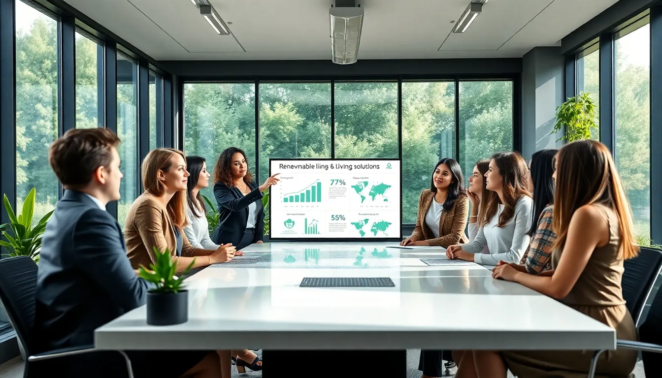 professionals discussing sustainable living solutions in a modern office.