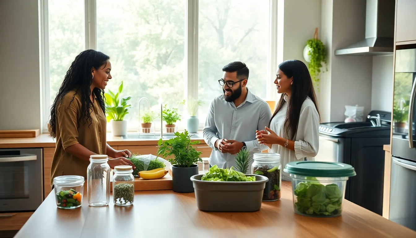 diverse professionals discussing sustainability in a modern kitchen.